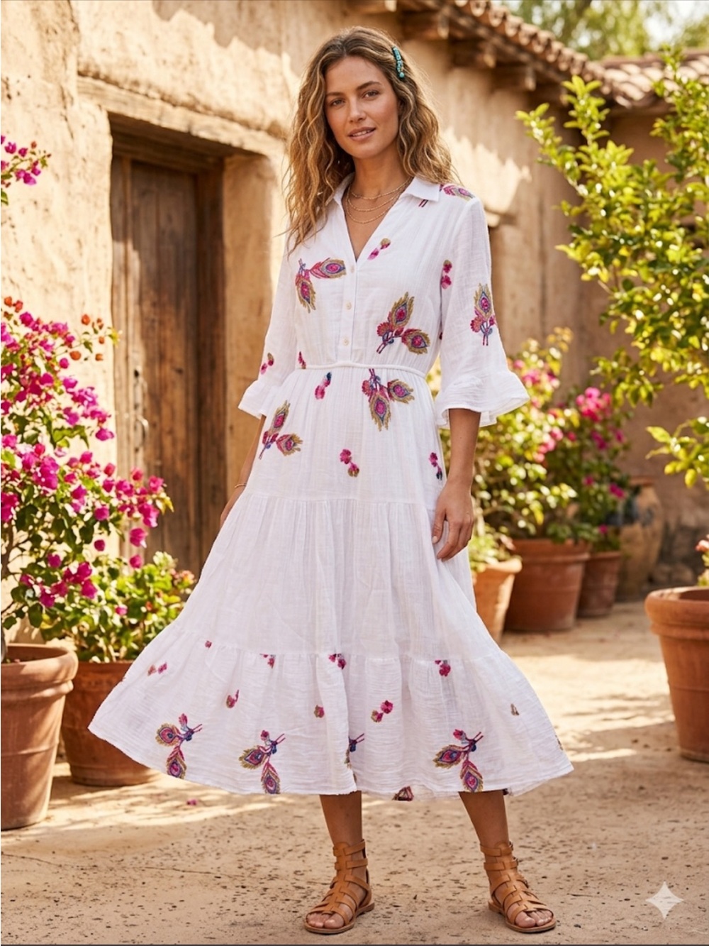Figueroa &flower white gauze tiered midi dress peacock embroidery boho peasant L